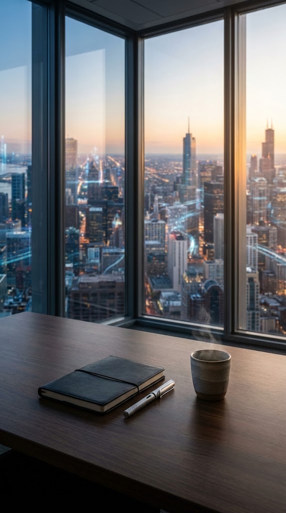 Bureau de direction épuré avec vue sur l'hyper-connexion d'une métropole, illustrant le paradoxe du dirigeant : retrouver la clarté stratégique face à la charge mentale et technologique, par Bruno Savoyat.